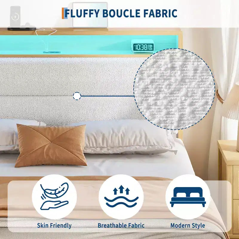 Cadre de lit COZONY avec lumières LED RGB et tête de lit de rangement à 2 niveaux, lit plateforme moderne pour chambre à coucher