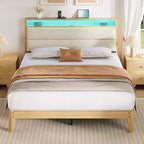 Cadre de lit COZONY avec lumières LED RGB et tête de lit de rangement à 2 niveaux, lit plateforme moderne pour chambre à coucher