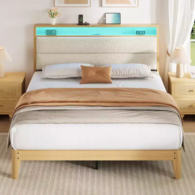 Cadre de lit COZONY avec lumières LED RGB et tête de lit de rangement à 2 niveaux, lit plateforme moderne pour chambre à coucher