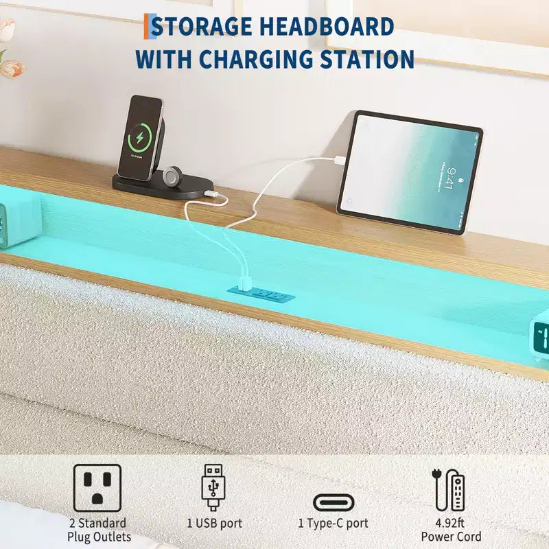Cadre de lit COZONY avec lumières LED RGB et tête de lit de rangement à 2 niveaux, lit plateforme moderne pour chambre à coucher