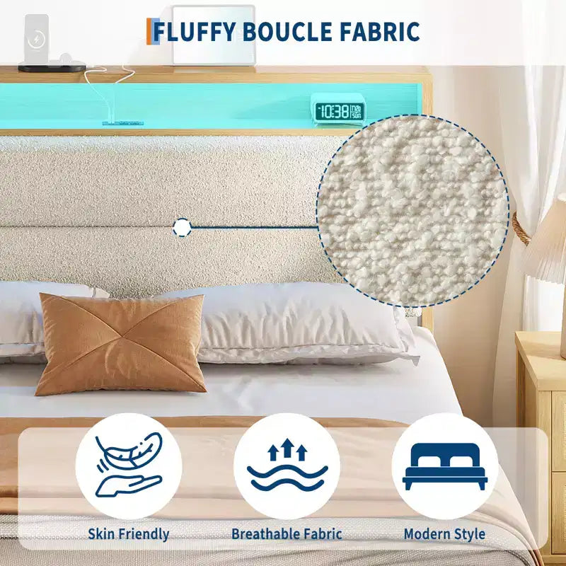 Cadre de lit COZONY avec lumières LED RGB et tête de lit de rangement à 2 niveaux, lit plateforme moderne pour chambre à coucher