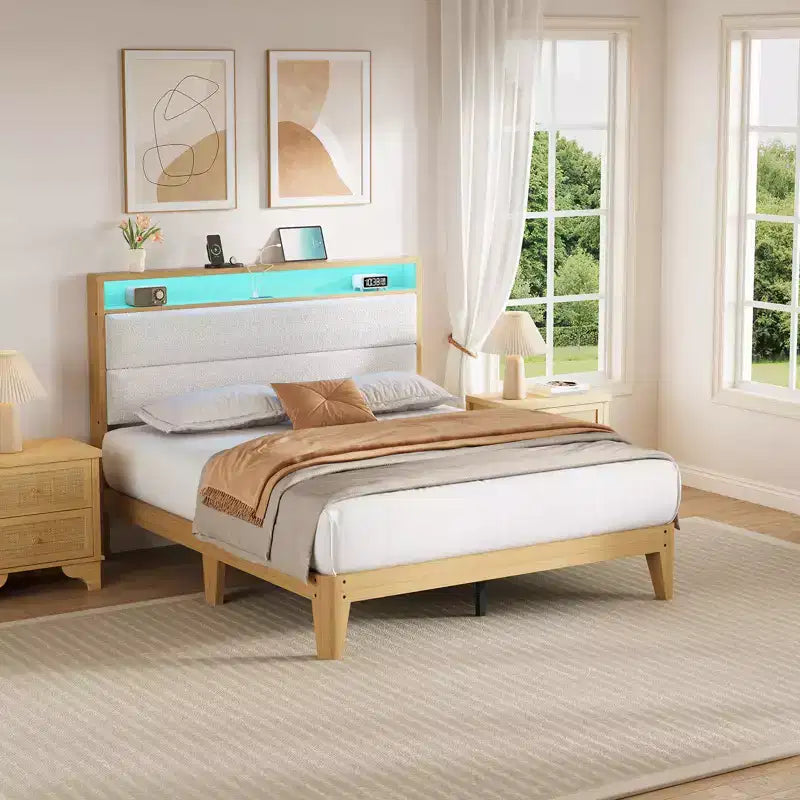 Cadre de lit COZONY avec lumières LED RGB et tête de lit de rangement à 2 niveaux, lit plateforme moderne pour chambre à coucher