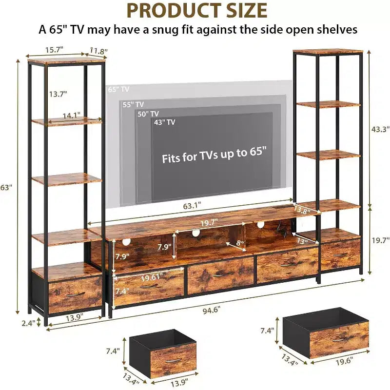Meuble TV pour téléviseurs de 65 pouces avec étagères, meuble de divertissement avec lumières LED et prises de courant, 5 tiroirs en tissu, console TV industrielle