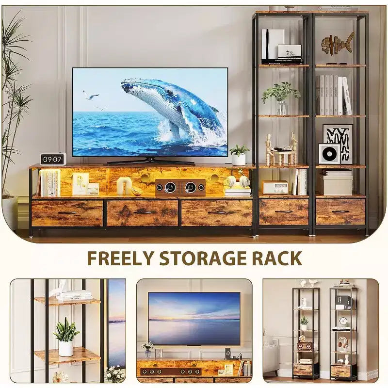 Meuble TV pour téléviseurs de 65 pouces avec étagères, meuble de divertissement avec lumières LED et prises de courant, 5 tiroirs en tissu, console TV industrielle