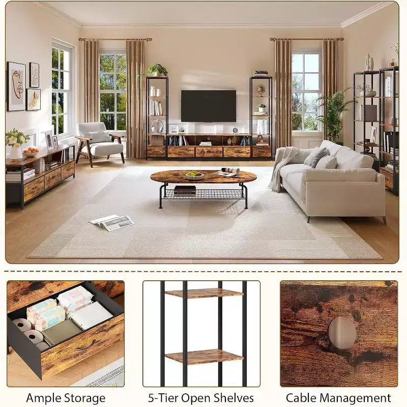 Meuble TV pour téléviseurs de 65 pouces avec étagères, meuble de divertissement avec lumières LED et prises de courant, 5 tiroirs en tissu, console TV industrielle