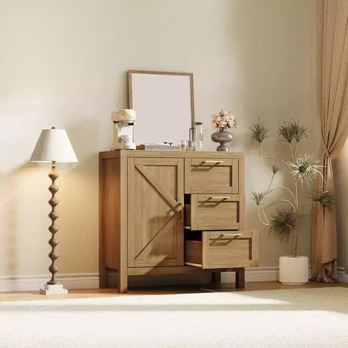 A sideboard with storage, made of wood, featuring 3 drawers and 1 cabinet, adjustable shelves, and wooden legs. Suitable for living rooms.