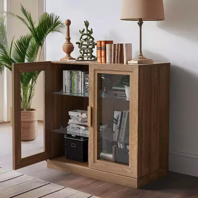 PexFix 31 Bibliothèque moderne en bois avec 2 portes vitrées et étagère réglable pour cuisine, chambre, entrée, salon, salle à manger, couleur naturelle