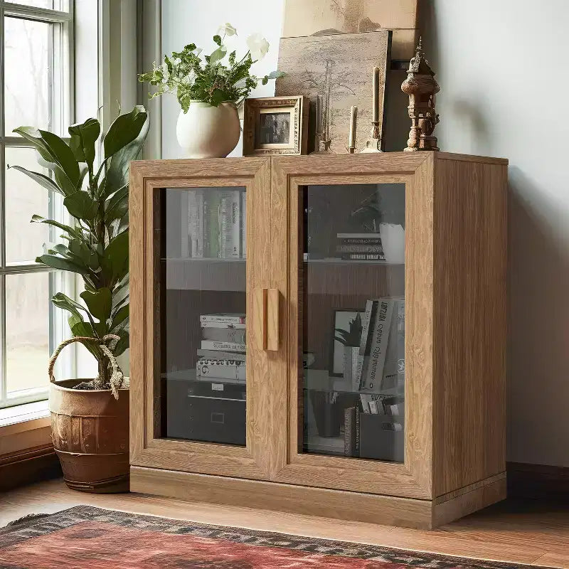 PexFix 31 Bibliothèque moderne en bois avec 2 portes vitrées et étagère réglable pour cuisine, chambre, entrée, salon, salle à manger, couleur naturelle