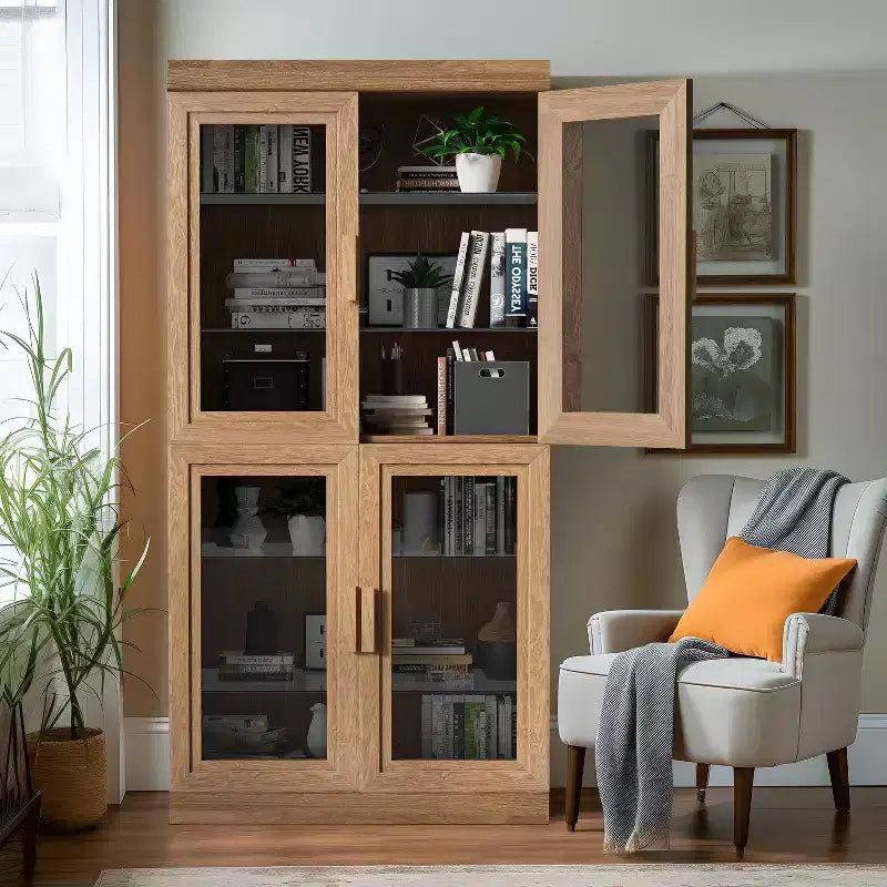 PexFix 31 Bibliothèque moderne en bois avec 2 portes vitrées et étagère réglable pour cuisine, chambre, entrée, salon, salle à manger, couleur naturelle