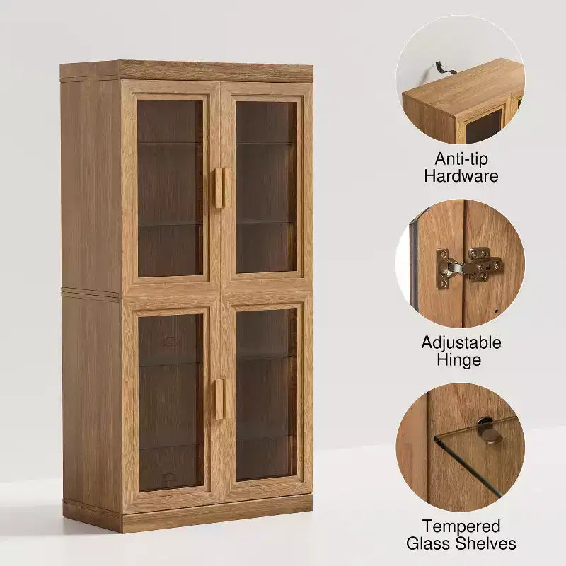 PexFix 31 Bibliothèque moderne en bois avec 2 portes vitrées et étagère réglable pour cuisine, chambre, entrée, salon, salle à manger, couleur naturelle
