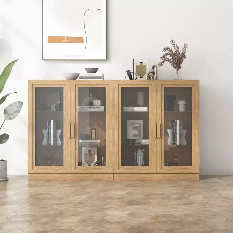PexFix 36 Bibliothèque de rangement moderne en bois avec 2 portes vitrées et étagère réglable pour cuisine, chambre, entrée, salon, salle à manger, naturel