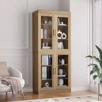 PexFix 36 Bibliothèque de rangement moderne en bois avec 2 portes vitrées et étagère réglable pour cuisine, chambre, entrée, salon, salle à manger, naturel