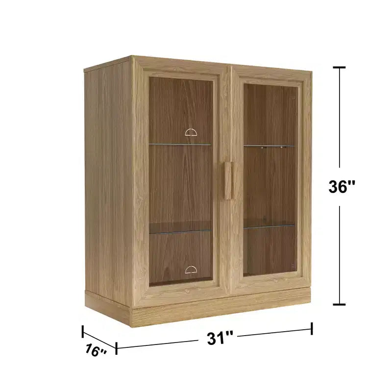PexFix 36 Bibliothèque de rangement moderne en bois avec 2 portes vitrées et étagère réglable pour cuisine, chambre, entrée, salon, salle à manger, naturel