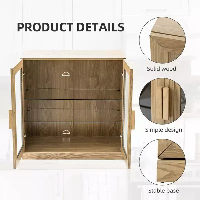 PexFix 36 Bibliothèque de rangement moderne en bois avec 2 portes vitrées et étagère réglable pour cuisine, chambre, entrée, salon, salle à manger, naturel