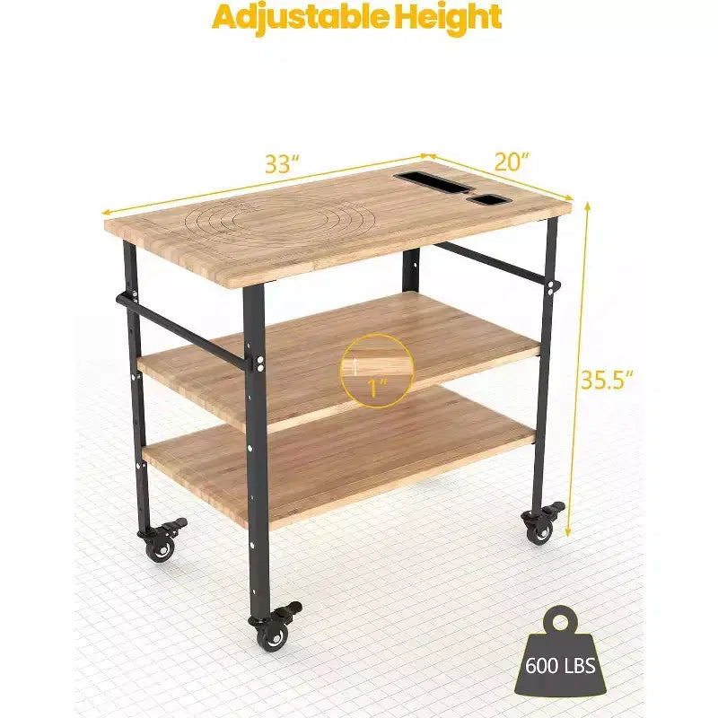 Table de four à pizza 33x20x35.5, Table de barbecue d'extérieur sur 4 roues, Chariot à trois étagères en bambou pour la préparation des aliments, Repas barbecue, Couleur bois
