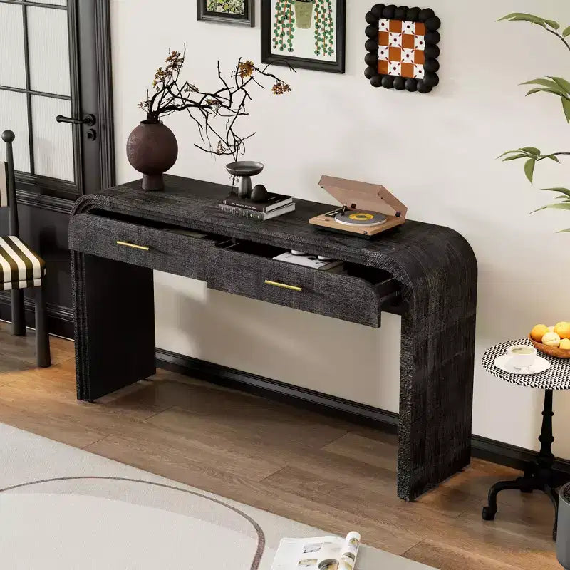 Console en placage de loupe Okak avec tiroirs de rangement, table d'entrée avec pieds robustes et poignées en métal, table de foyer pour le couloir, le salon
