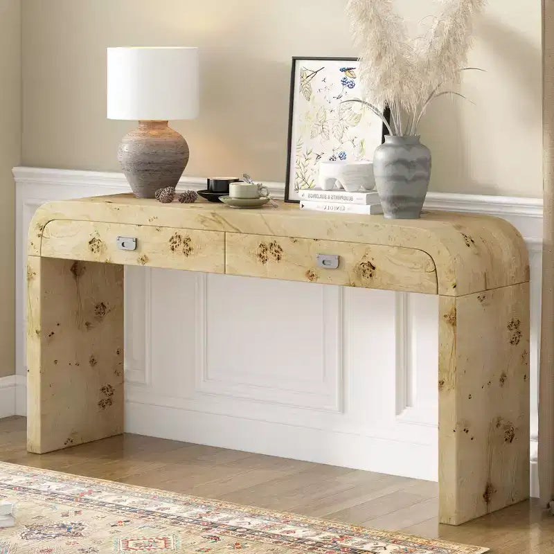Console en placage de loupe Okak avec tiroirs de rangement, table d'entrée avec pieds robustes et poignées en métal, table de foyer pour le couloir, le salon
