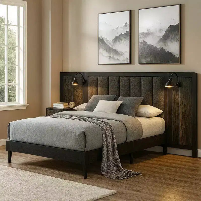 Lit queen size Royal Hampton, cadre en bois marron foncé, tête de lit rembourrée