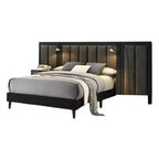 Lit queen size Royal Hampton, cadre en bois marron foncé, tête de lit rembourrée