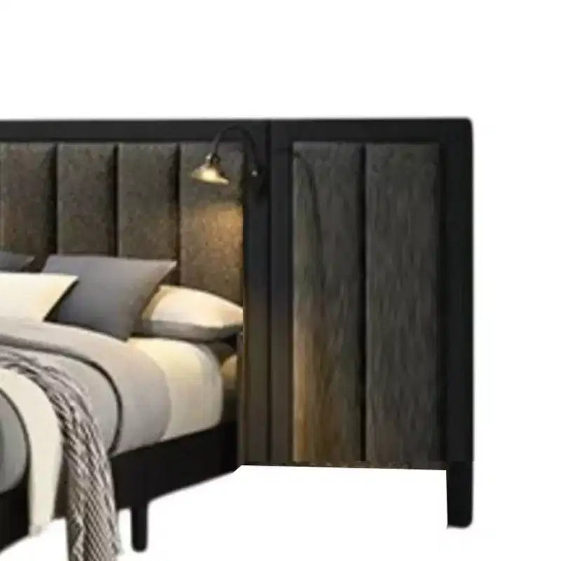 Lit queen size Royal Hampton, cadre en bois marron foncé, tête de lit rembourrée