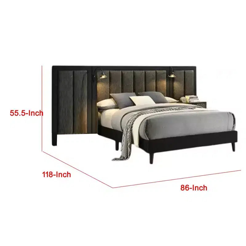 Lit queen size Royal Hampton, cadre en bois marron foncé, tête de lit rembourrée