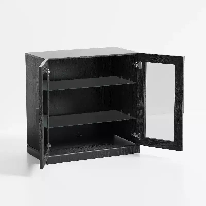 PexFix 31 Bibliothèque moderne en bois avec 2 portes vitrées et étagère réglable pour cuisine, chambre, entrée, salon, salle à manger, noir