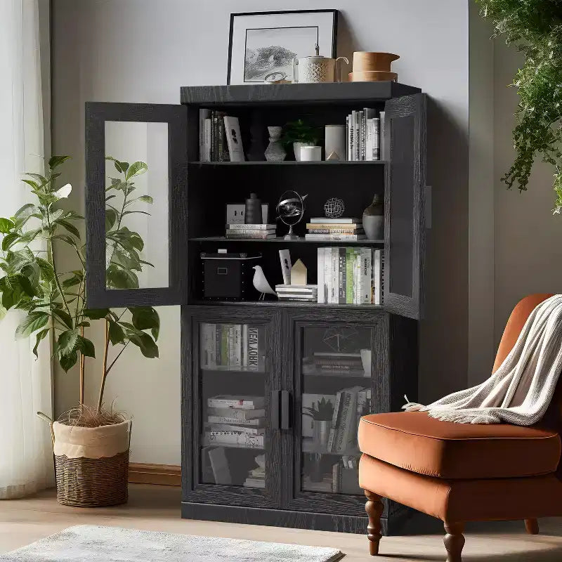 PexFix 31 Bibliothèque moderne en bois avec 2 portes vitrées et étagère réglable pour cuisine, chambre, entrée, salon, salle à manger, noir