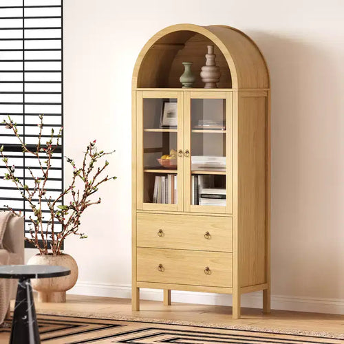 71 Arched Storage Cabinet with Glass Doors, Farmhouse Pantry with 2 Drawers & Adjustable Shelves, for Dining Room, Living Room, Office - Natural