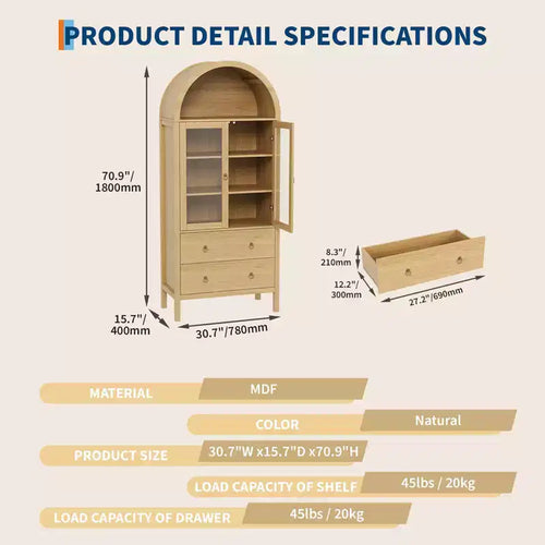 71 Armoire de rangement cintrée avec portes vitrées, garde-manger de style ferme avec 2 tiroirs et étagères réglables, pour salle à manger, salon, bureau - Naturel