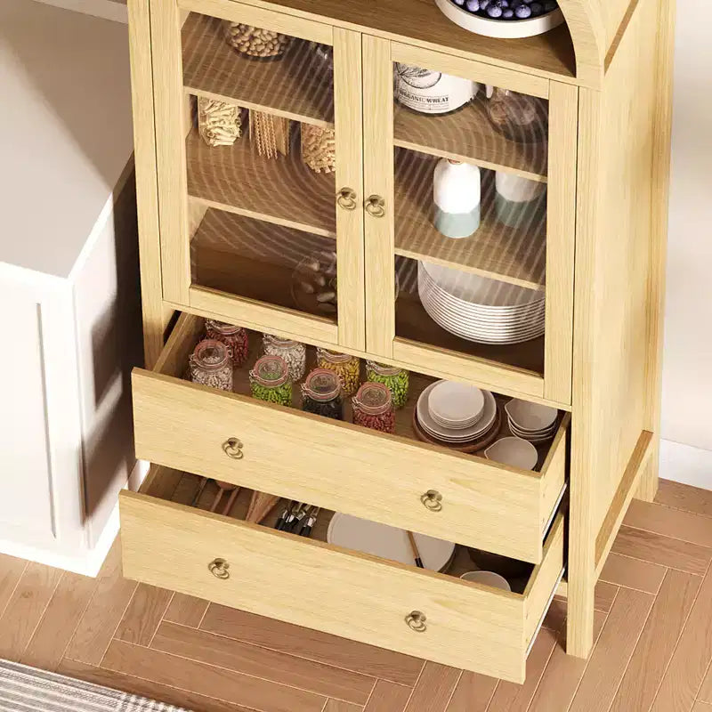 71 Armoire de rangement cintrée avec portes vitrées, garde-manger de style ferme avec 2 tiroirs et étagères réglables, pour salle à manger, salon, bureau - Naturel