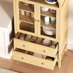 71 Armoire de rangement cintrée avec portes vitrées, garde-manger de style ferme avec 2 tiroirs et étagères réglables, pour salle à manger, salon, bureau - Naturel