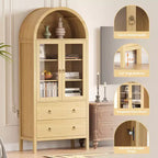 71 Armoire de rangement cintrée avec portes vitrées, garde-manger de style ferme avec 2 tiroirs et étagères réglables, pour salle à manger, salon, bureau - Naturel