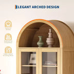 71 Armoire de rangement cintrée avec portes vitrées, garde-manger de style ferme avec 2 tiroirs et étagères réglables, pour salle à manger, salon, bureau - Naturel