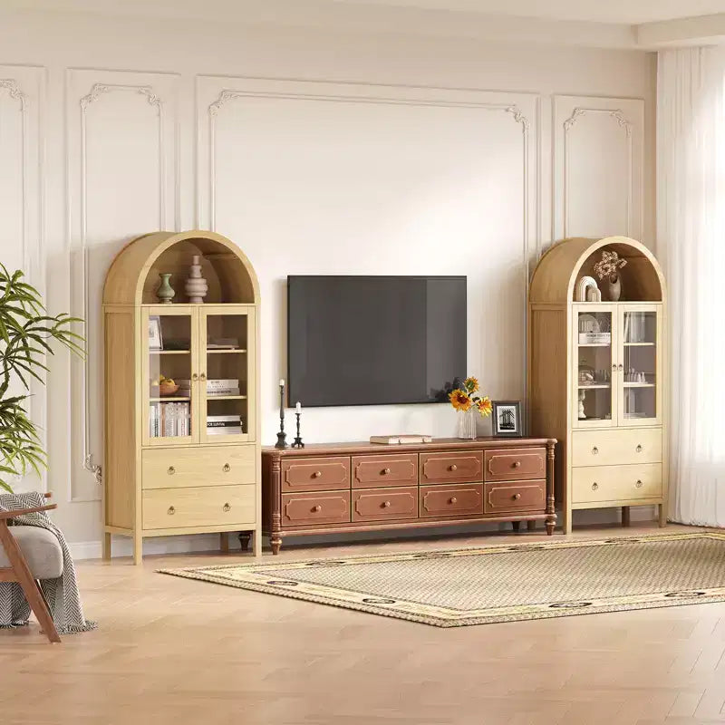 71 Armoire de rangement cintrée avec portes vitrées, garde-manger de style ferme avec 2 tiroirs et étagères réglables, pour salle à manger, salon, bureau - Naturel