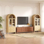 71 Armoire de rangement cintrée avec portes vitrées, garde-manger de style ferme avec 2 tiroirs et étagères réglables, pour salle à manger, salon, bureau - Naturel