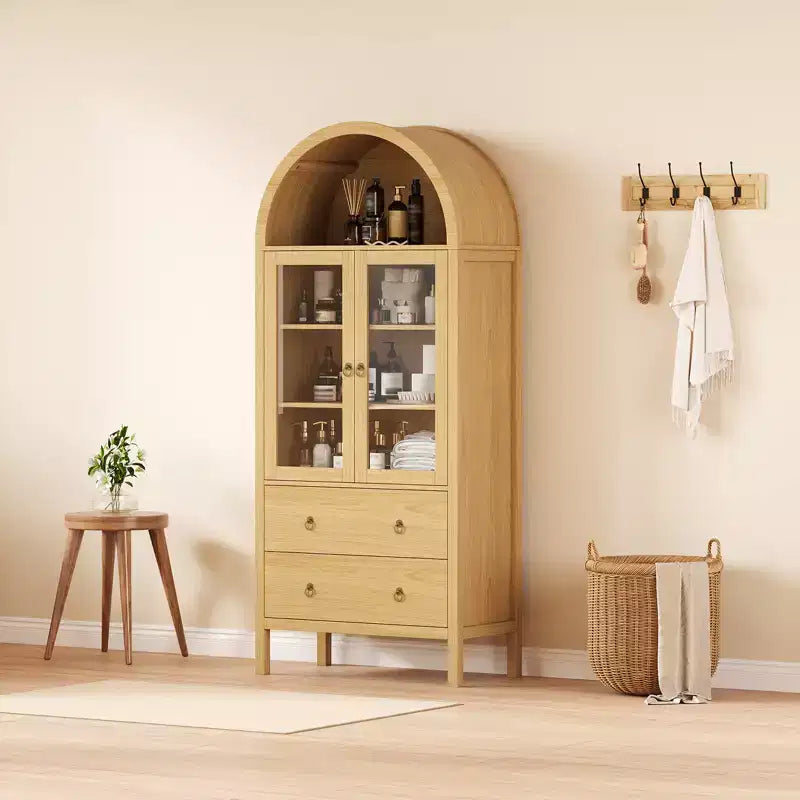 71 Armoire de rangement cintrée avec portes vitrées, garde-manger de style ferme avec 2 tiroirs et étagères réglables, pour salle à manger, salon, bureau - Naturel
