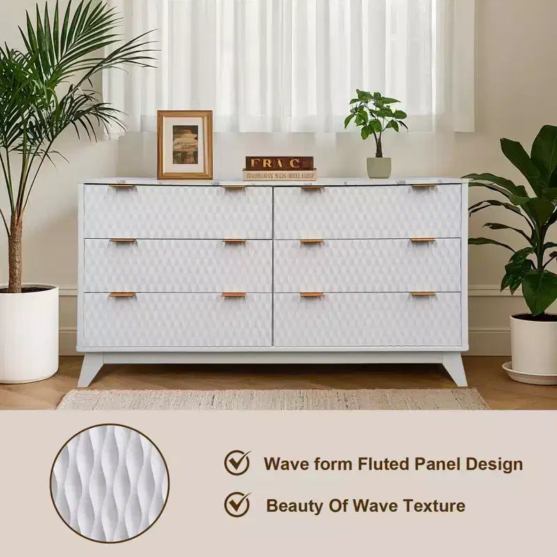 Commode cannelée à 6 tiroirs avec plateau en faux marbre, meuble TV moderne incurvé pour chambre et salon, armoire de rangement robuste, conception anti-basculement