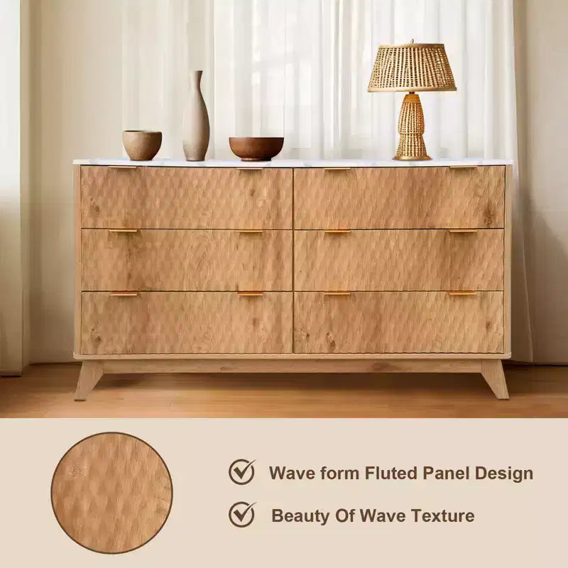 Commode cannelée à 6 tiroirs avec plateau en faux marbre, meuble TV moderne incurvé pour chambre et salon, armoire de rangement robuste, conception anti-basculement