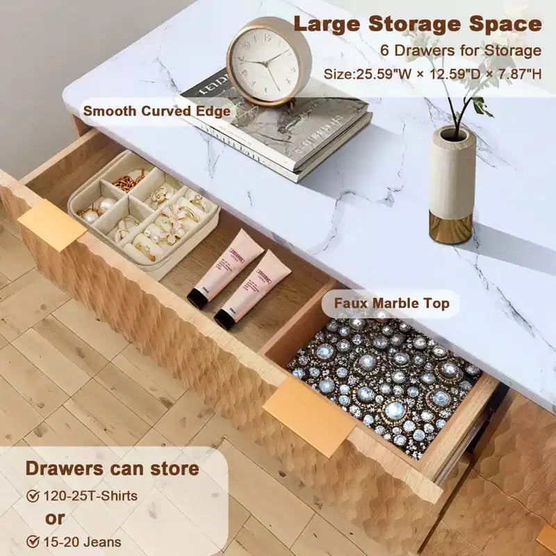 Commode cannelée à 6 tiroirs avec plateau en faux marbre, meuble TV moderne incurvé pour chambre et salon, armoire de rangement robuste, conception anti-basculement