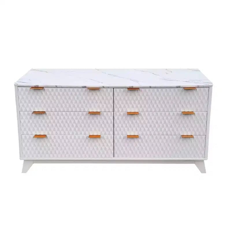 Commode cannelée à 6 tiroirs avec plateau en faux marbre, meuble TV moderne incurvé pour chambre et salon, armoire de rangement robuste, conception anti-basculement