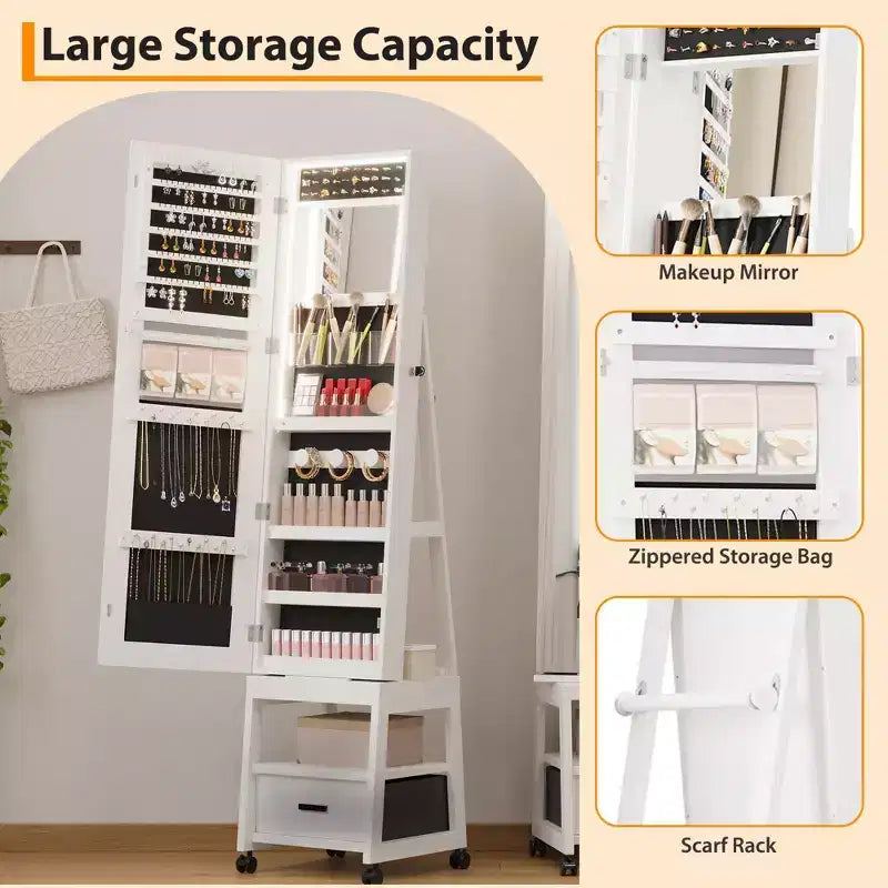 Armoire à bijoux avec miroir pleine longueur, meuble de rangement à bijoux avec miroir LED de 168 cm de haut avec étagères arrière, armoire à maquillage autoportante pivotante à 360°, Blanc