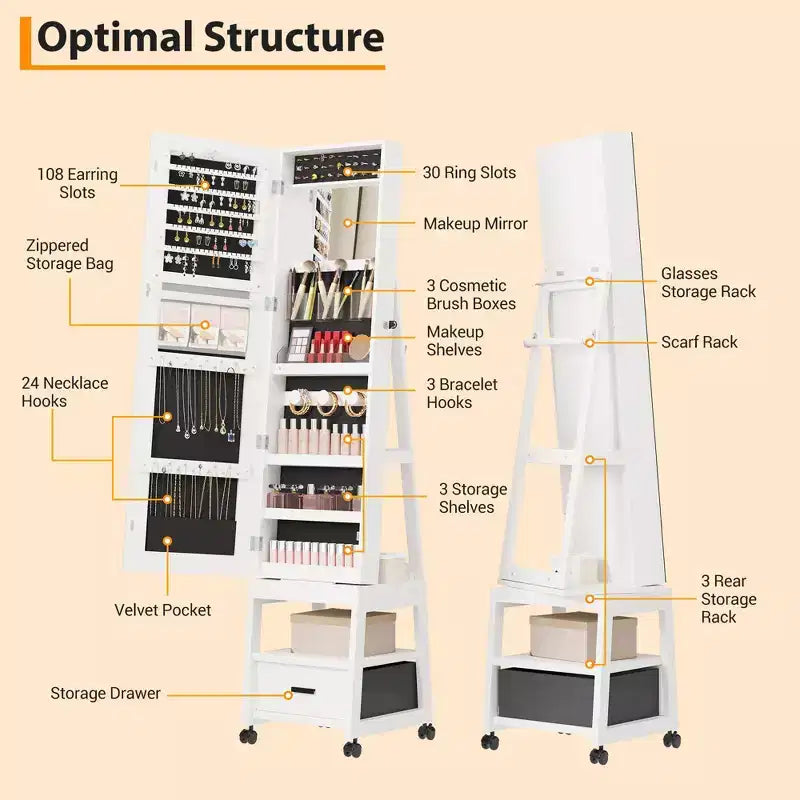 Armoire à bijoux avec miroir pleine longueur, meuble de rangement à bijoux avec miroir LED de 168 cm de haut avec étagères arrière, armoire à maquillage autoportante pivotante à 360°, Blanc