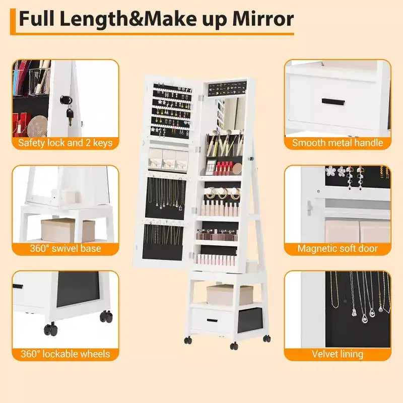 Armoire à bijoux avec miroir pleine longueur, meuble de rangement à bijoux avec miroir LED de 168 cm de haut avec étagères arrière, armoire à maquillage autoportante pivotante à 360°, Blanc