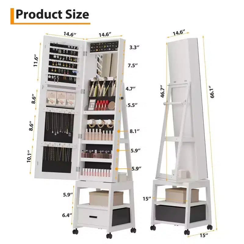 Armoire à bijoux avec miroir pleine longueur, meuble de rangement à bijoux avec miroir LED de 168 cm de haut avec étagères arrière, armoire à maquillage autoportante pivotante à 360°, Blanc