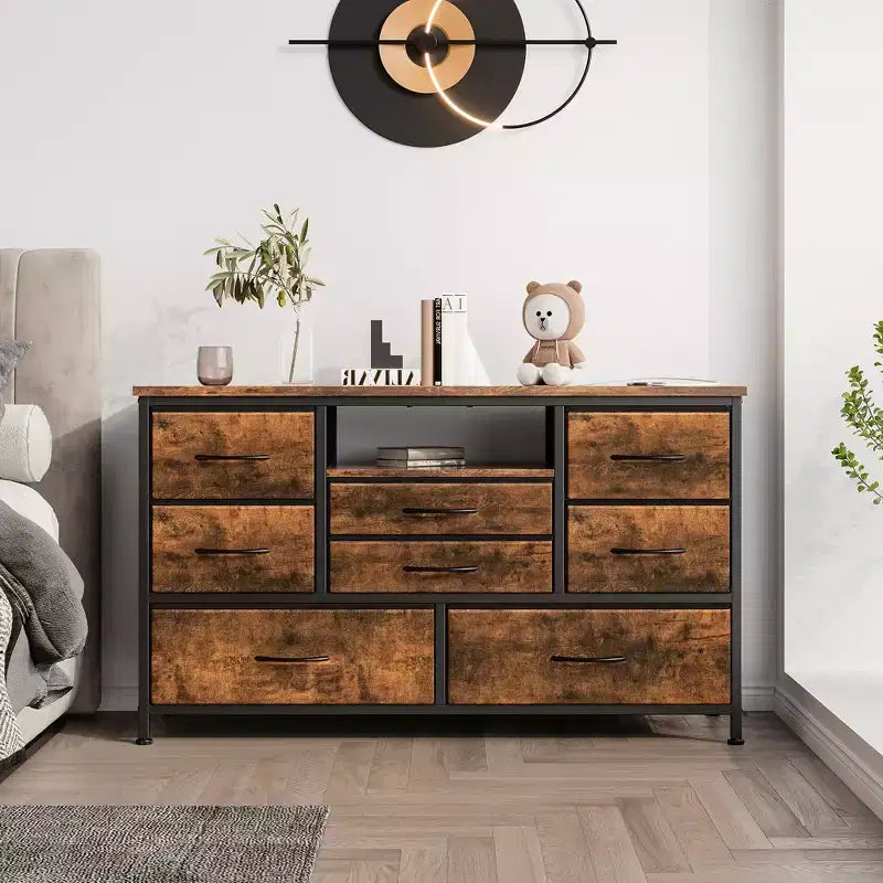 Meuble TV 8 tiroirs pour téléviseurs 55 pouces - Console média avec lumières réglables et plateau en bois, commode longue pour rangement de chambre et de salon