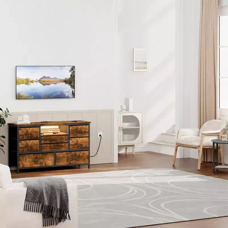 Meuble TV 8 tiroirs pour téléviseurs 55 pouces - Console média avec lumières réglables et plateau en bois, commode longue pour rangement de chambre et de salon