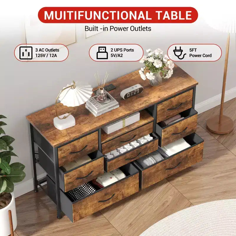 Meuble TV 8 tiroirs pour téléviseurs 55 pouces - Console média avec lumières réglables et plateau en bois, commode longue pour rangement de chambre et de salon