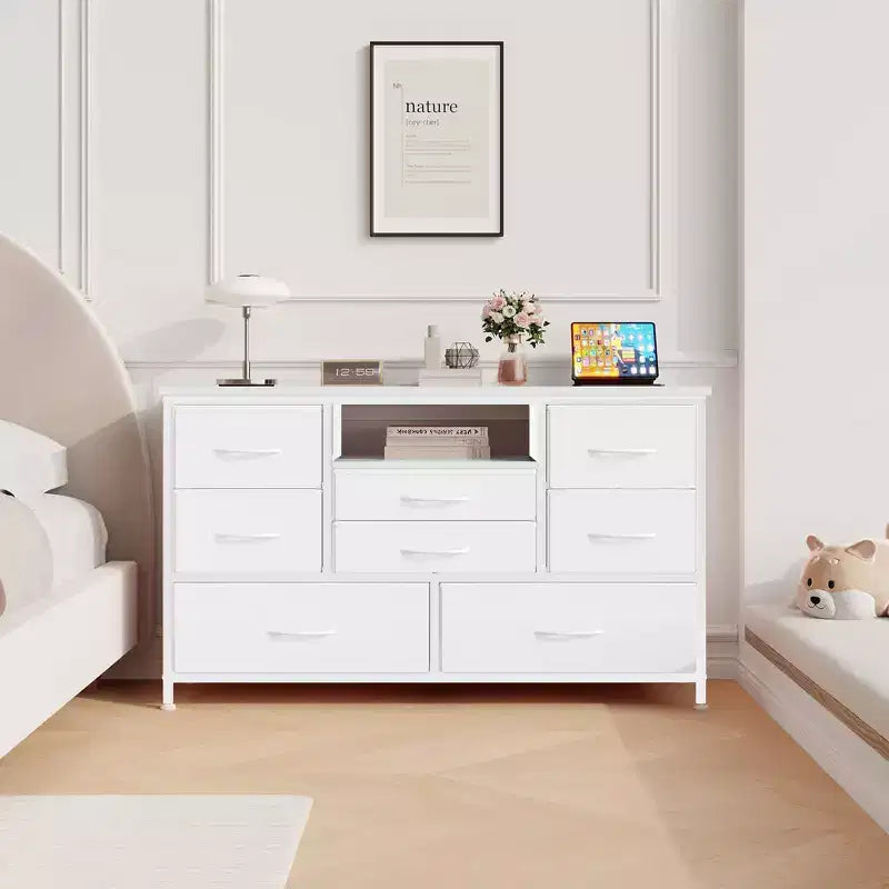 Meuble TV 8 tiroirs pour téléviseurs 55 pouces - Console média avec lumières réglables et plateau en bois, commode longue pour rangement de chambre et de salon