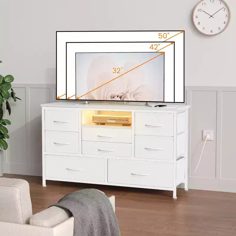 Meuble TV 8 tiroirs pour téléviseurs 55 pouces - Console média avec lumières réglables et plateau en bois, commode longue pour rangement de chambre et de salon