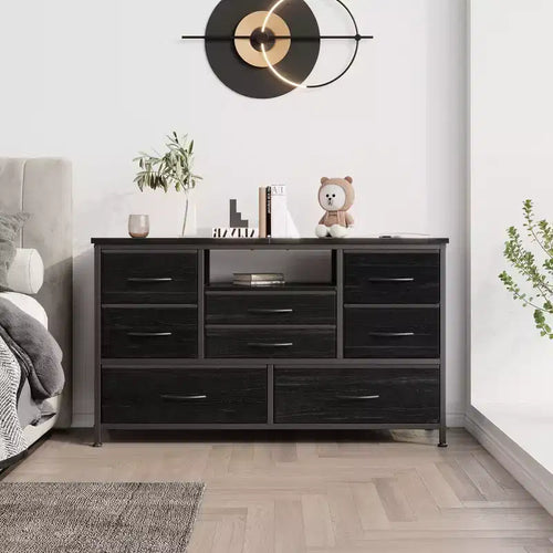 Meuble TV 8 tiroirs pour téléviseurs 55 pouces - Console média avec lumières réglables et plateau en bois, commode longue pour rangement de chambre et de salon